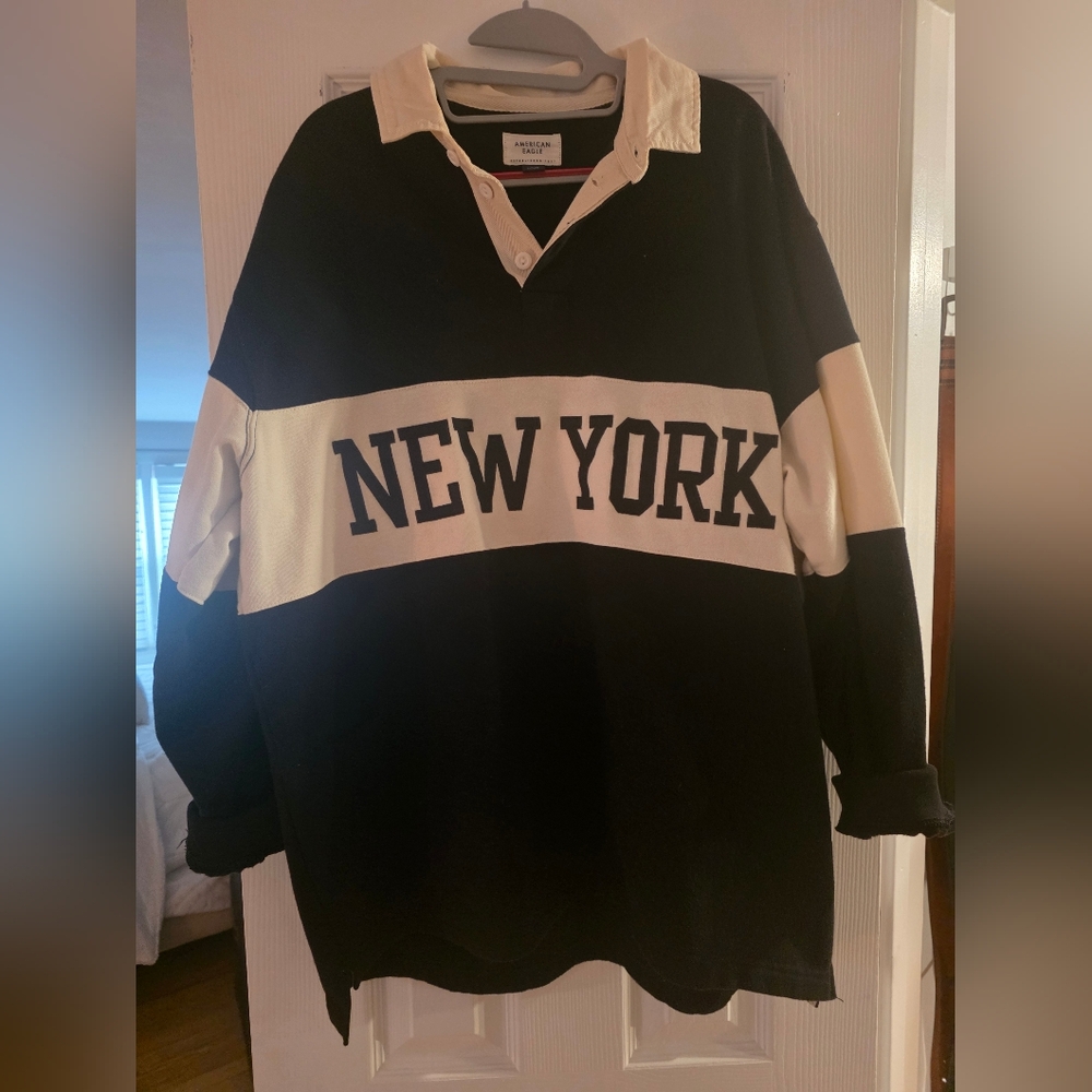 Navy Blue and White New York Womens Oversized Rugby Polo